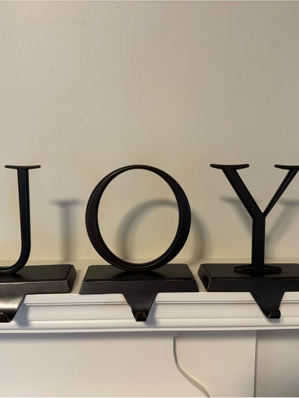 Pottery Barn Black / Dark Bronze “JOY” Metal Mantel Hooks / Stocking Holders